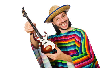 Fototapeta na wymiar Mexican in vivid poncho holding guitar isolated on white