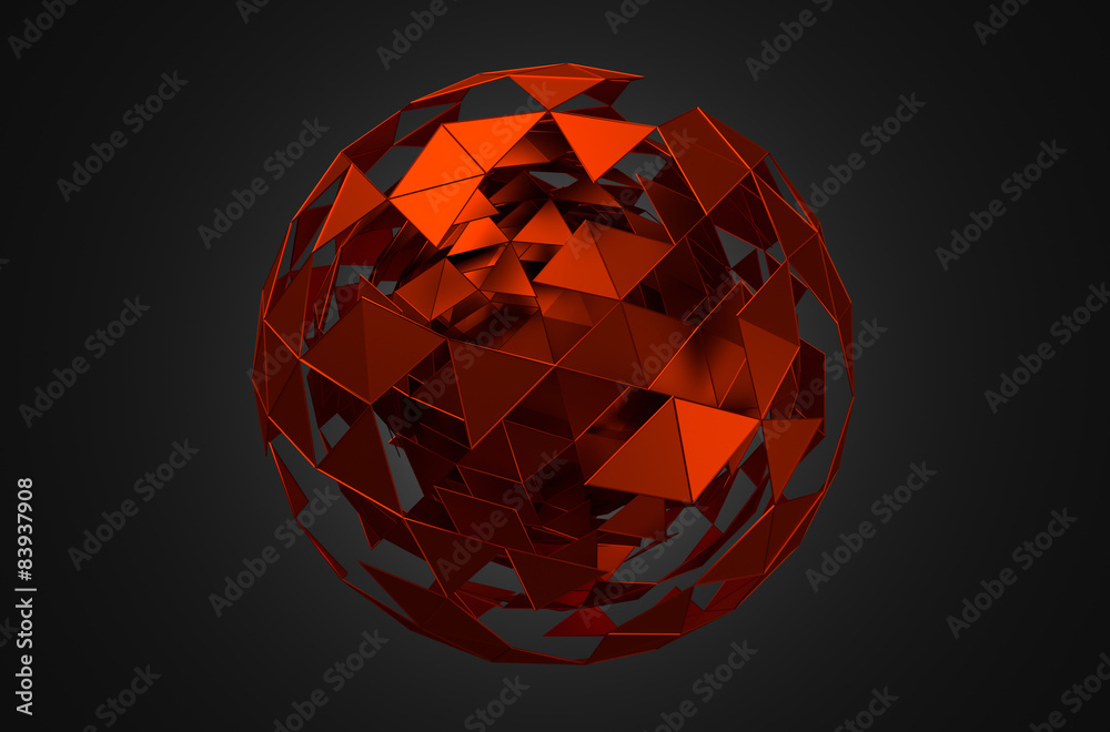 Poster abstract 3d rendering of low poly sphere with chaotic structure.