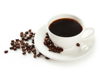 Cup of coffee with coffee beans isolated on white