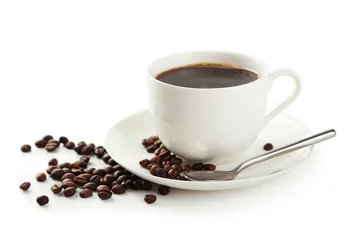 Foto auf Acrylglas Cafe Tasse Kaffee mit Kaffeebohnen, isoliert auf weiss