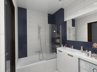 3D illustration of design of a bathroom in blue color