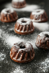 Chocolate bundt cakes with icing sugar on black background