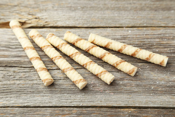 Waffle striped rolls on grey wooden background
