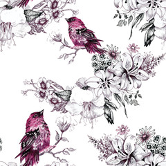 Seamless pattern with summer herbs and birds. Watercolor