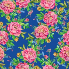 Gordijnen Vintage Bloemen seamless pattern of peony flowers with leaves and smaller flower  © nadiiaz