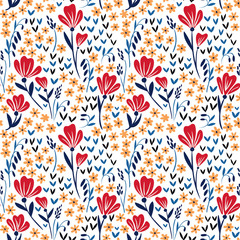 Seamless vector pattern with red and yellow flowers on white