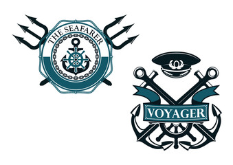 Retro voyager and seafarer nautical badges or emblems