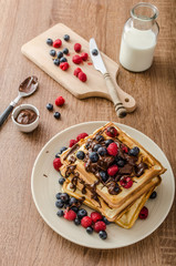 Homemade belgian waffles with fruit and chocolate