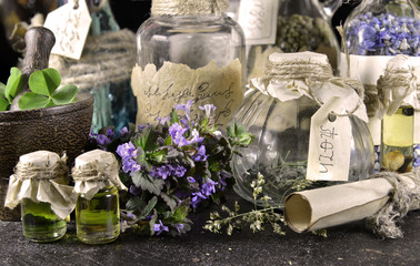 Witch bottles with healing herbs