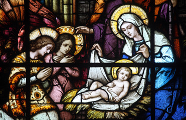 Nativity Scene, stained glass in Church of the Birth of the Virgin Mary in Prcanj, Montenegro