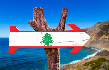 Lebanon Flag wooden sign with coast background