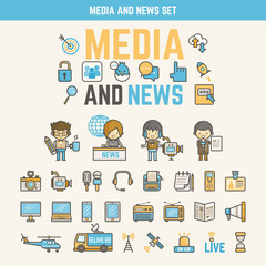 A collection of colorful media and news-related icons featuring characters and equipment in cartoon style.