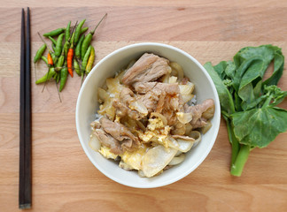 Homemade slided pork,egg and onion with sweet sauce