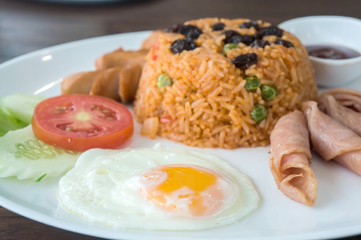 Thai American fire rice on wood table