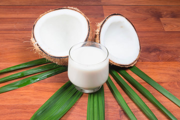 Coconut and coconut milk in glass 