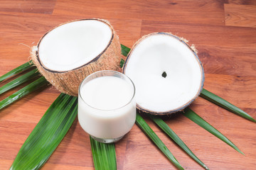 Coconut and coconut milk in glass 
