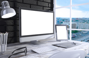 Fototapeta premium 3D illustration PC screen on table in office, Workspace