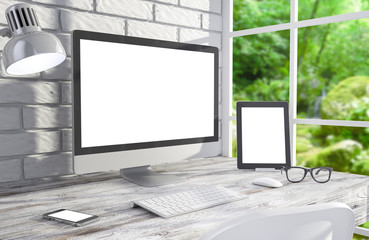 Fototapeta premium 3D illustration PC screen on table in office, Workspace