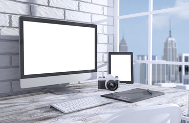 Fototapeta premium 3D illustration PC screen on table in office, Workspace
