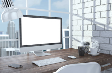 3D illustration PC screen on table in office, Workspace