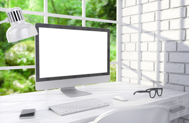 Fototapeta premium 3D illustration PC screen on table in office, Workspace