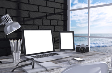 3D illustration laptopand work stuff on table near brick wall