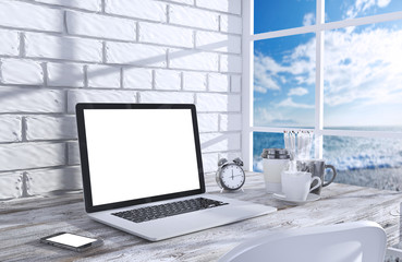 Fototapeta premium 3D illustration laptopand work stuff on table near brick wall
