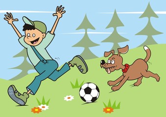 boy and dog in nature