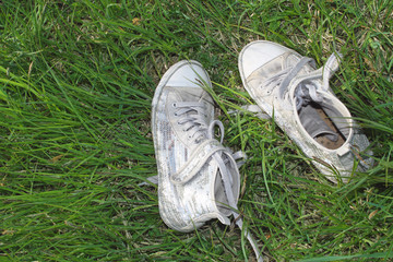 Sneakers with shiny sequins on the natural green grass