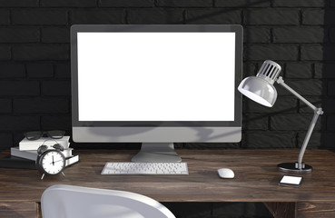 Fototapeta premium 3D illustration PC screen on table in office, Workspace