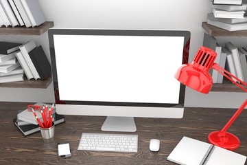 3D illustration PC screen on table in office, Workspace