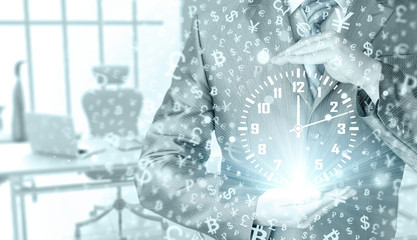 Image of businessman holding clock against illustration