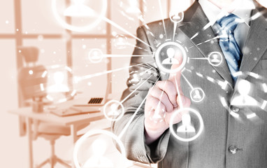 man hand pressing social media icon