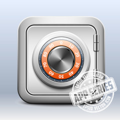 Metal safe icon with combination lock on white background, app s