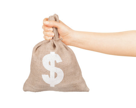 Man hand with small bag on white background