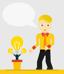 Young businessman talking about his new idea. Growing light