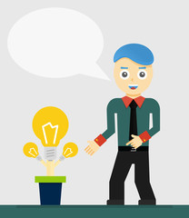 Young businessman talking about his new idea. Growing light