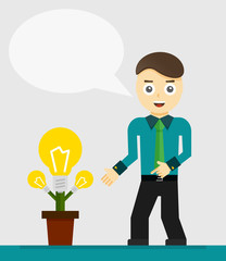 Young businessman talking about his new idea. Growing light