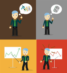 Set of cute cartoon young businessmen. Idea concept and finance