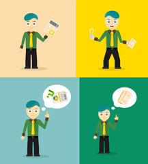 Set of cute cartoon young businessmen. Idea concept and finance