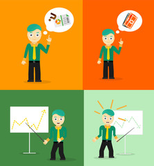 Set of cute cartoon young businessmen. Idea concept and finance