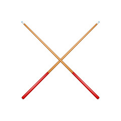 Two crossed billiard cues in retro design with red handle