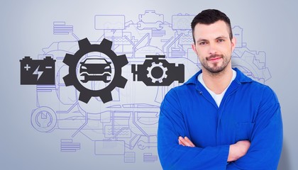 Composite image of mechanic standing arms crossed 