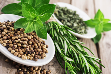 oregano,rosemary and white peppercorns