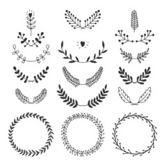 Set of vector handdrawn laurels and wreaths