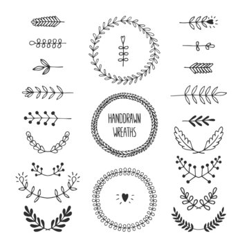 Set of vector handdrawn laurels and wreaths
