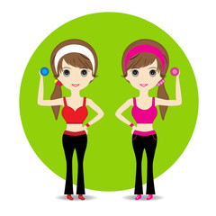 Cute Woman exercising in sport outfit holding dumbbell smiling