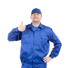 Man in blue gloves show ok sign.