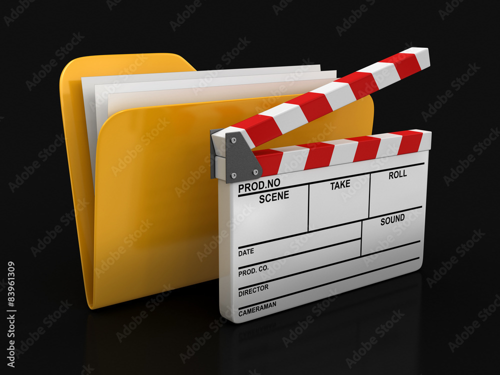 Poster folder and lists with opened clapboard (clipping path included)