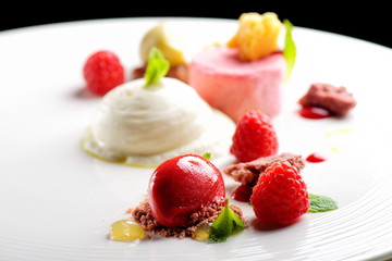 Fine dining dessert, Raspberry Parfait, ice cream